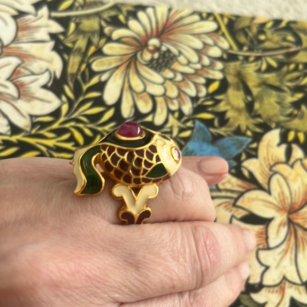 Enamel Lucky Fish Silver Gold Plated Semi Precious Stone Chunky Huge Big Ring 6